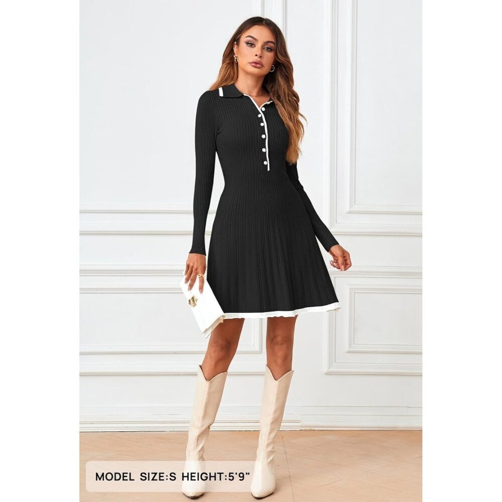 Merokeety Women's Black Long Sleeve V Neck Button Knit Pleated Sweater Dress - Picture 3 of 7